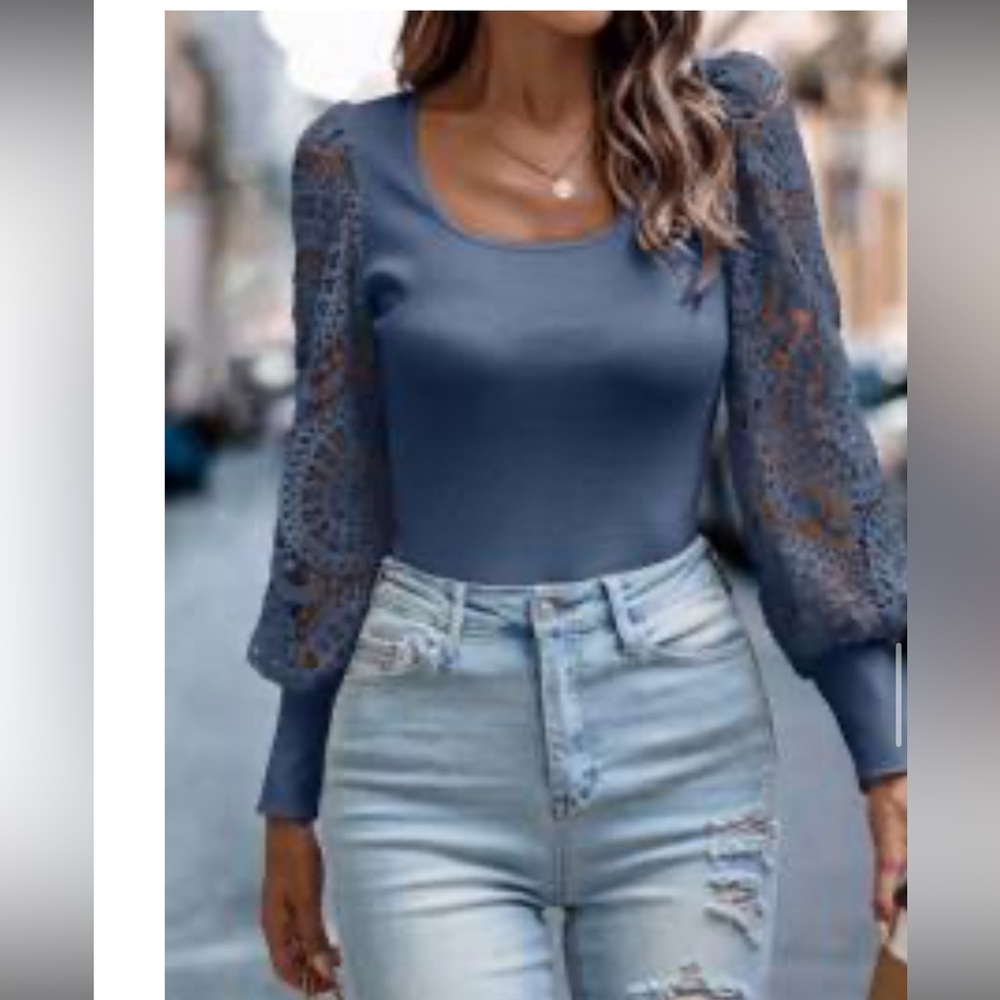 Women's Blue Lace Sleeve Top